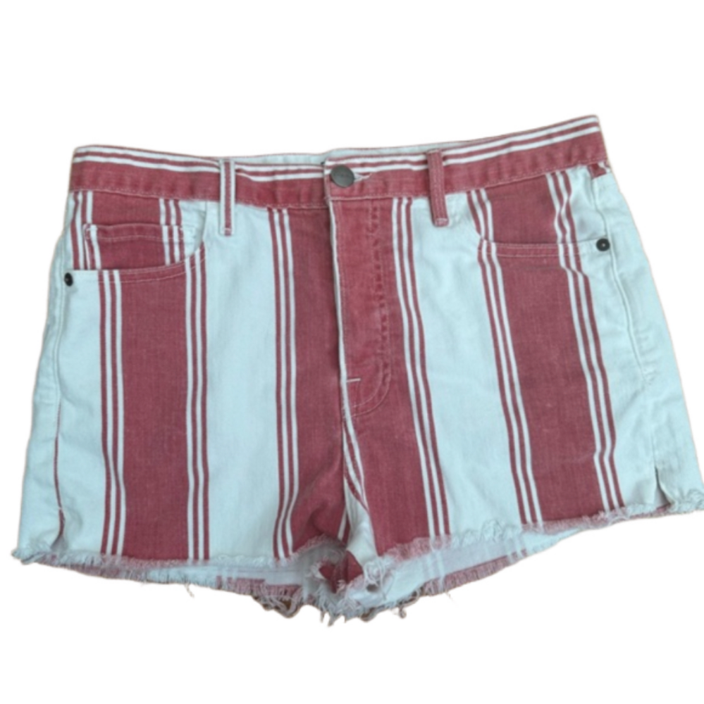 Frame Denim Red and White Jean Shorts with Distressed Hem